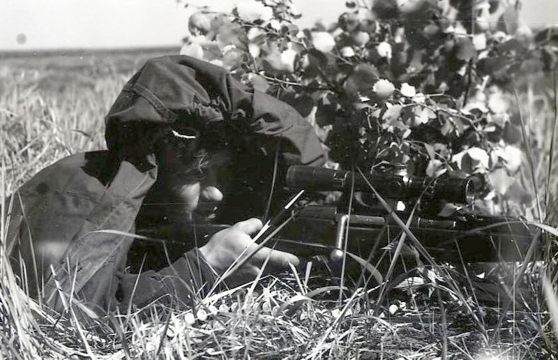Снайпер краснофлотец Н. В. Култаев на огневой позиции, июль 1943 г.